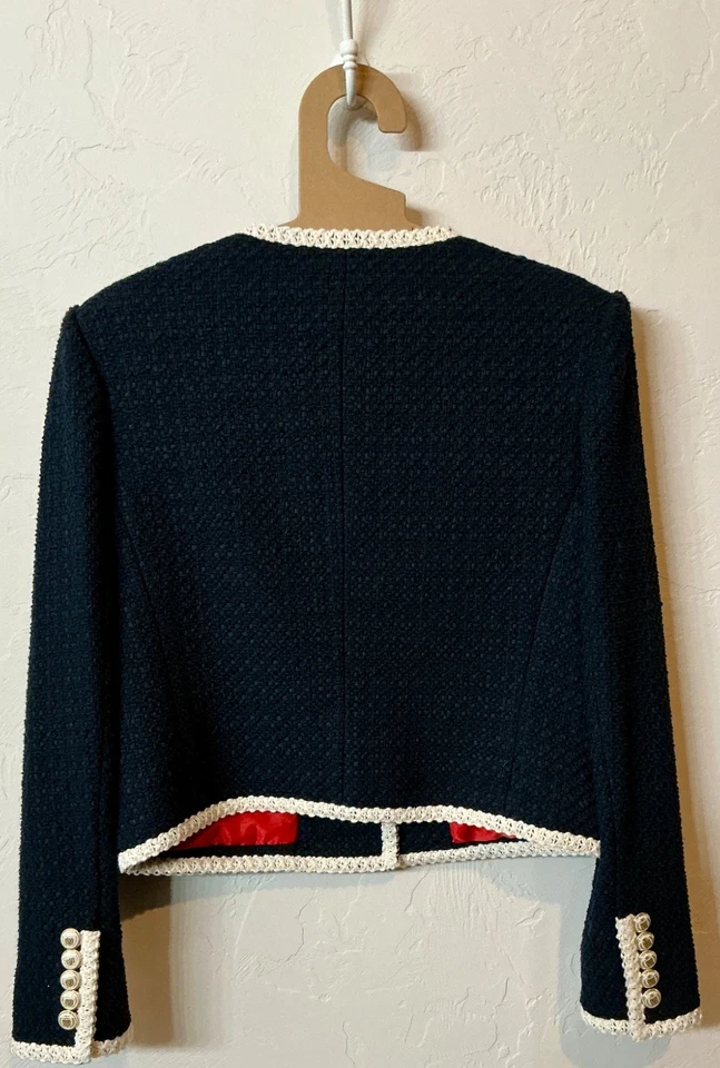 NUEVO SIN ETIQUETAS $698 BARBA VERÓNICA Mabel Chaqueta Tweed Azul Marino Borde Crema y Botones Dorados - 10 Foto 4 de 4