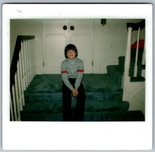 Vtg Polaroid Snapshot Photo Smiling Boy Sitting Carpeted Stairs 1970s