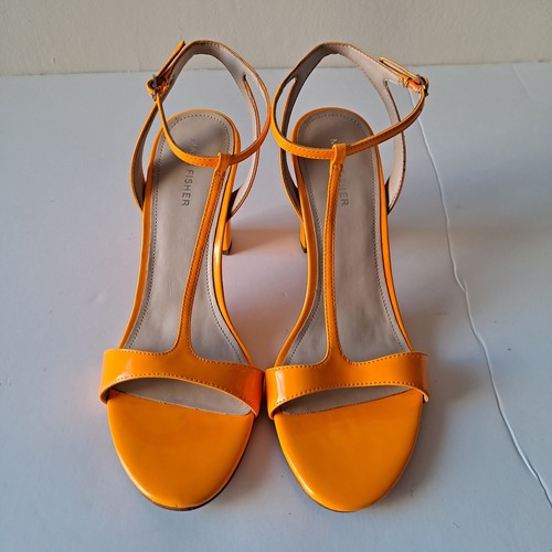 NWB Marc Fisher Toria Patent T-Strap Heeled Sandals Hot Orange Womens Size 10 - Picture 5 of 12