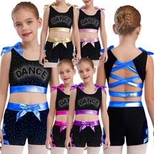 Kids Girls Suit Performance Outfit Costumes Set Exercise Metallic Bowknots Jazz