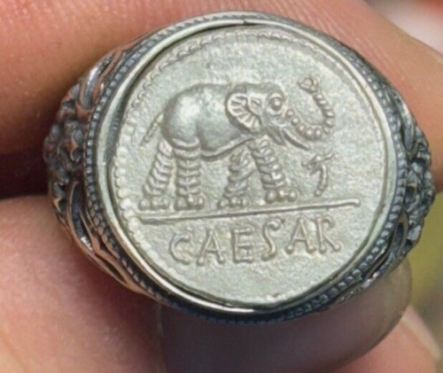 Caesar Denarius Elephant Coin Silver Repro Ancient Coin Ring Adjustable Size - Picture 1 of 2