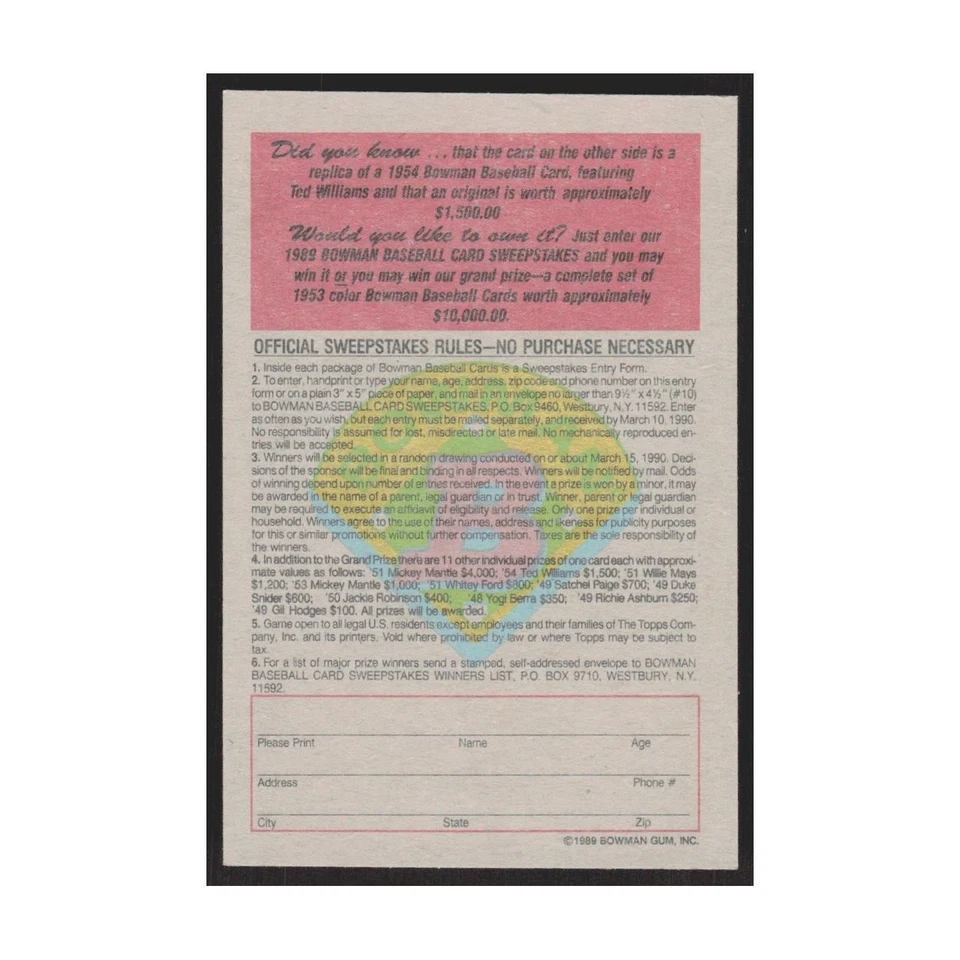 Bowman Ted Williams Red Sox 1989 #nan Foto 2 de 3