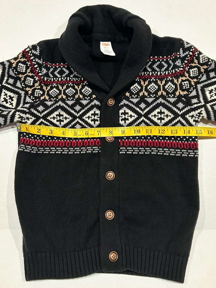 Gymboree Fair Isle Cardigan Sweater Shawl Collar Boys Sz M 7-8 Black White Red - Image 3 of 4