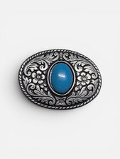 Western Native American Oval Silver Tone Metal Aqua Stone Metal Belt Buckle Vtg