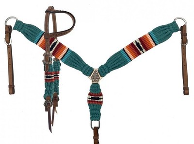 Showman Teal, Red & Orange Corded Single Ear Headstall & Breast Collar Set