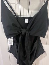 Women  s Black One-Piece Swimsuit Tie Front Adjustable Spaghetti Straps L
