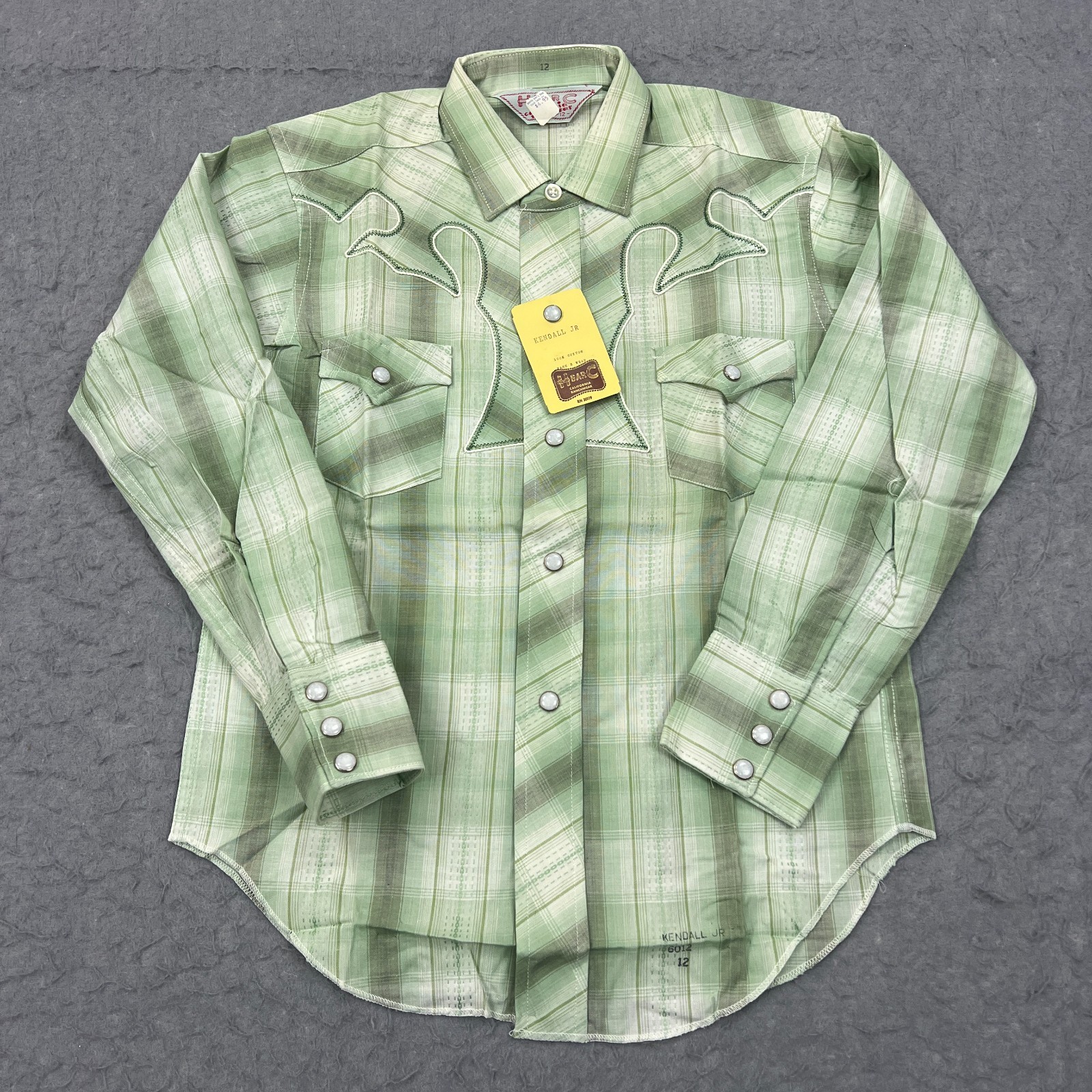 VTG H Bar C Shirt Boys 12 Green Plaid Western Pearl Snap Deadstock USA Made 70s