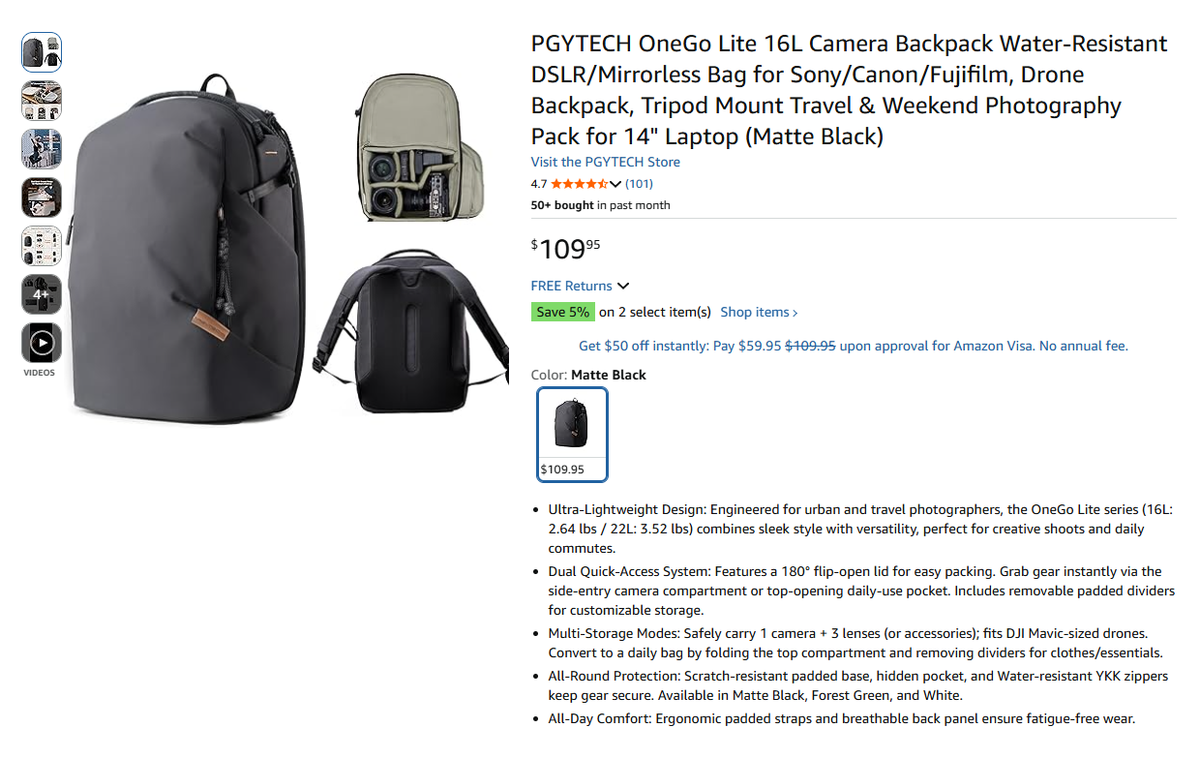 PGYTECH OneGo Lite 16L Camera Backpack Water-Resistant DSLR