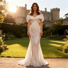 Off Shoulder Sequined Wedding Dress Sheath Glitter Bride Gown with High Split