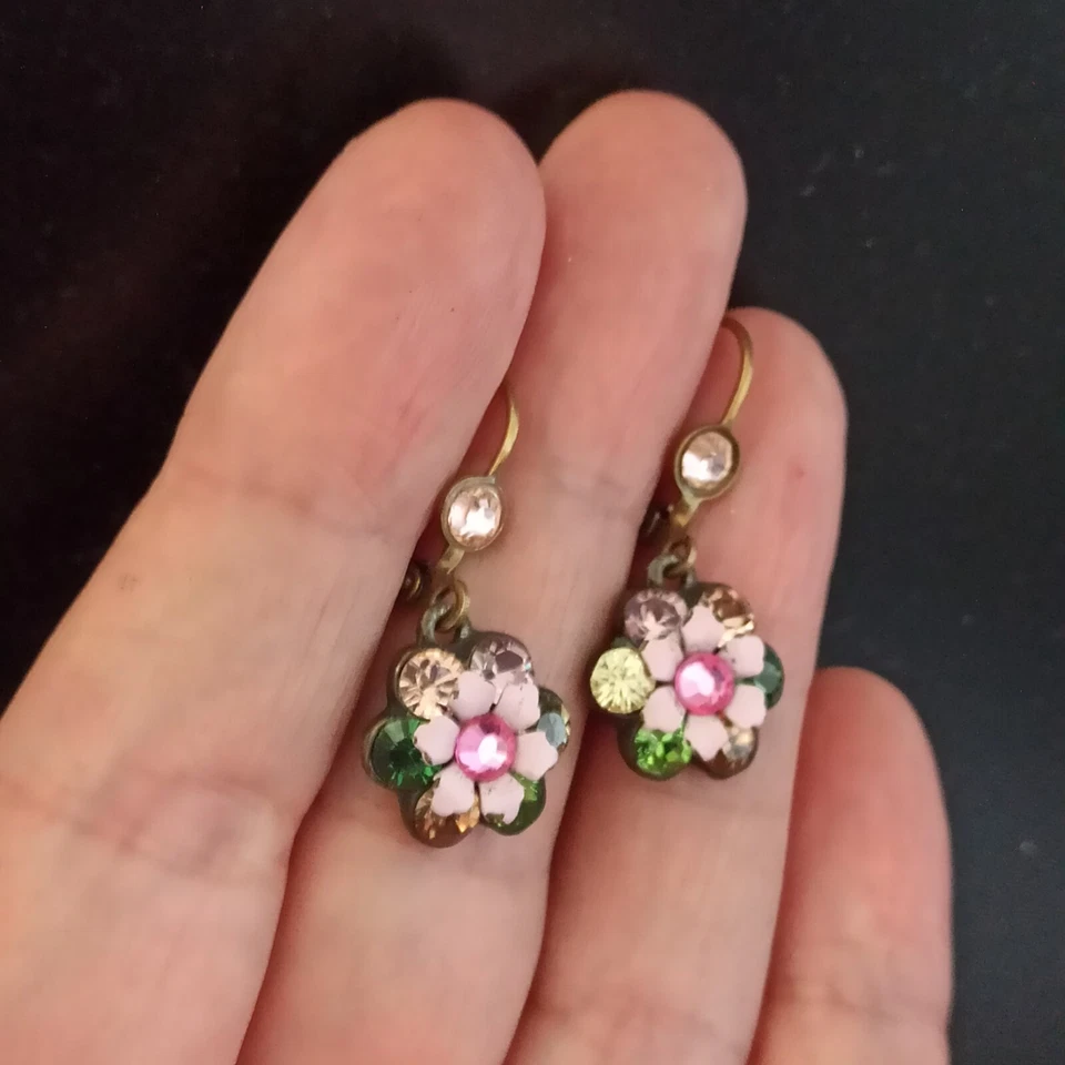 Pendientes Michal Negrin Coloridos Cristal Flor Gota Rosa Verde Firmados De Colección Foto 2 de 4