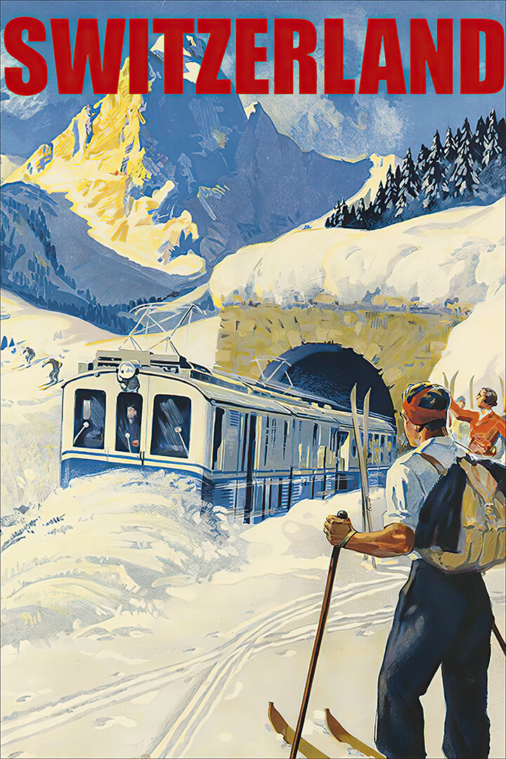Switzerland Alps Ski Winter Sport Train Europe Vintage Art Wall