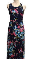 Bellamie Racerback Maxi Dress, Large, Navy, Floral, Pockets, Stretchable