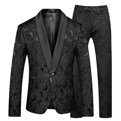 Men Black Jacquard Paisley Suits Blazer Groom Tuxedos Prom Dinner Wedding Suit
