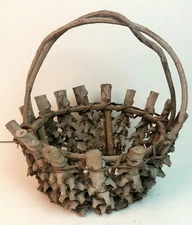 Vintage primitive round wooden woven gathering basket twined twig handle 
