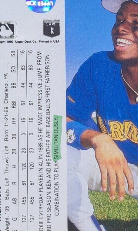 1990 Upper Deck Ken Griffey Jr. ERROR CARD Spelled 