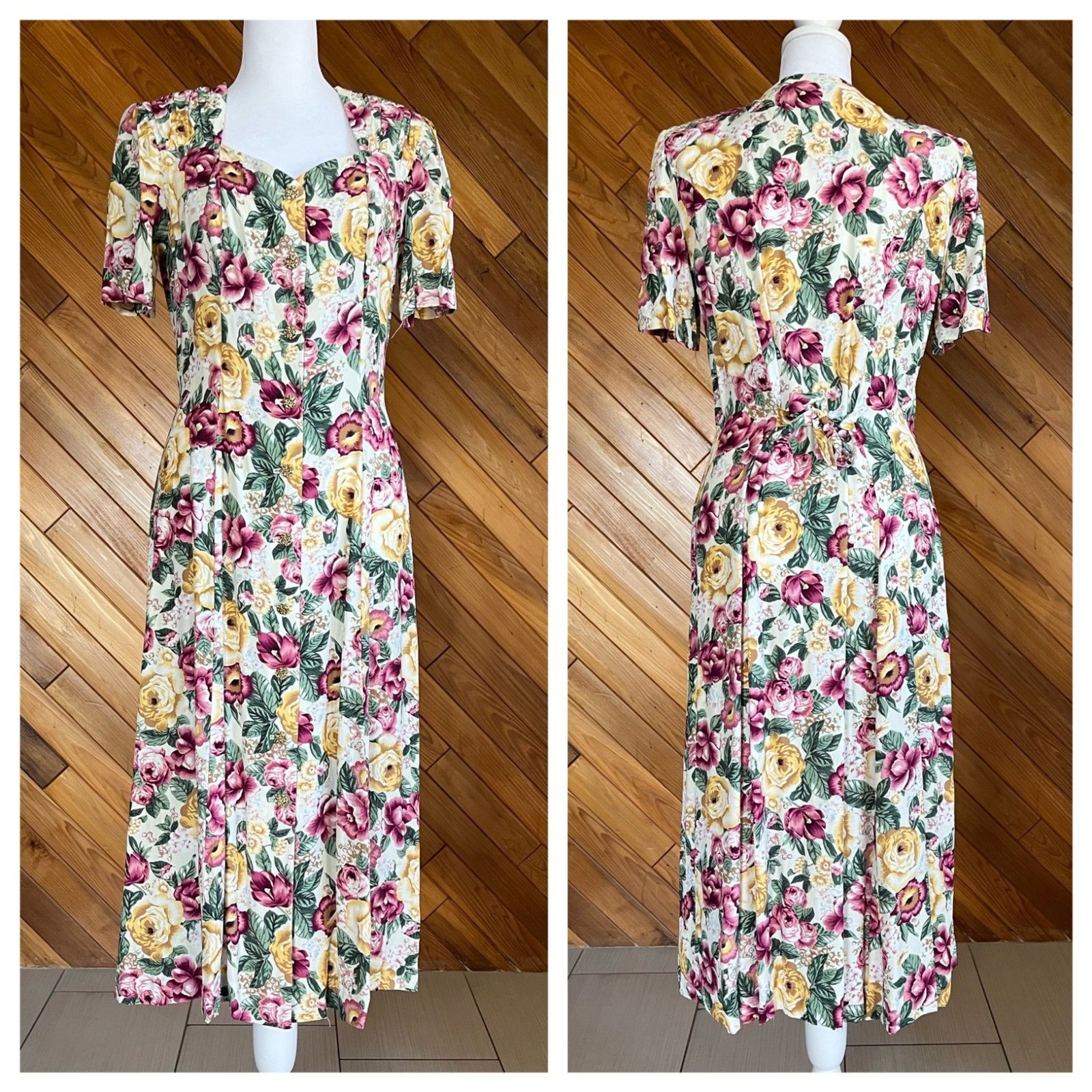 Vintage 80s 90s White Floral Midi Dress Gold Button Front Details