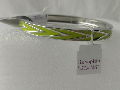 Lia Sophia Stretch Bangle Bracelet Small Silvertone Green Vertex Citron Enamel - Picture 2 of 12