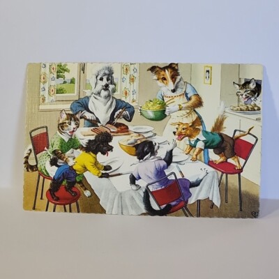 Vintage Postcard Alfred Mainzer Anthropomorphic Dogs Cats Dinner Supper Time