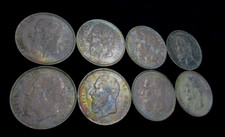 Lot 8 Belgium Large Silver Coins (1868-1875) XF-UNC. Toning, 90% Silver, 6.41ozt
