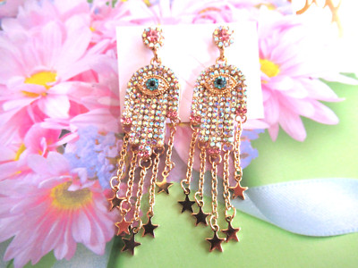 AB Crystal Rhinestone Hamsa Evil Eye Protection Earrings Dangle Stars NWT