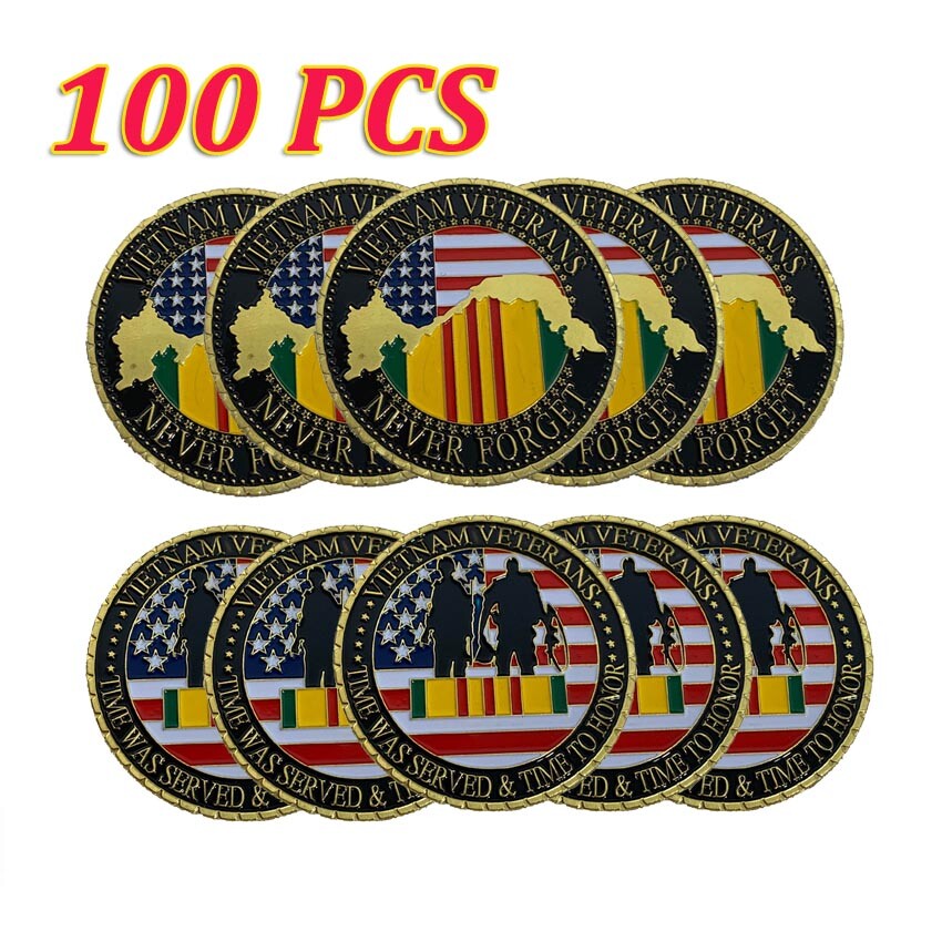 100PCS Commemorative Military Gold VETERANS NEVER FORGET Challenge Coin VIETNAM