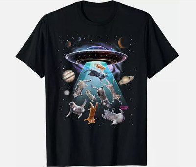 Aliens Abducting cats into Flying UFO Saucer in Cosmic Space T-Shirt, Gift Idea