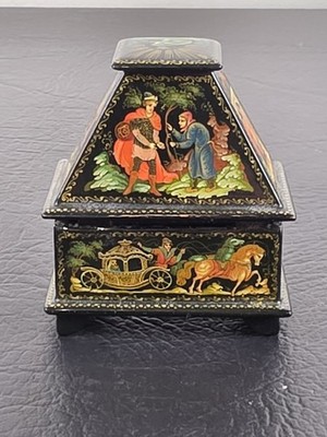 Vintage Palekh Style Russian Lacquer Box Hand Painted Miniature Fairy Tale Art