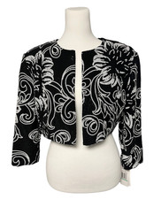 Alex Evenings Black White Sequin Floral Cropped Jacket Size 8 NWT
