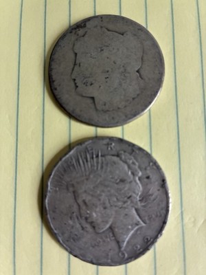 Morgan & Peace Dollar Lot. 2 well Worn, Low premium 90% Silver Coins See Photos