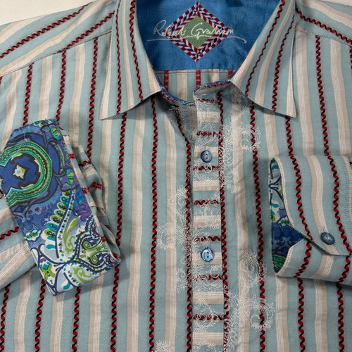Robert Graham gestreiftes geometrisches Langarmhemd Herren XL bestickt - Bild 6 von 7