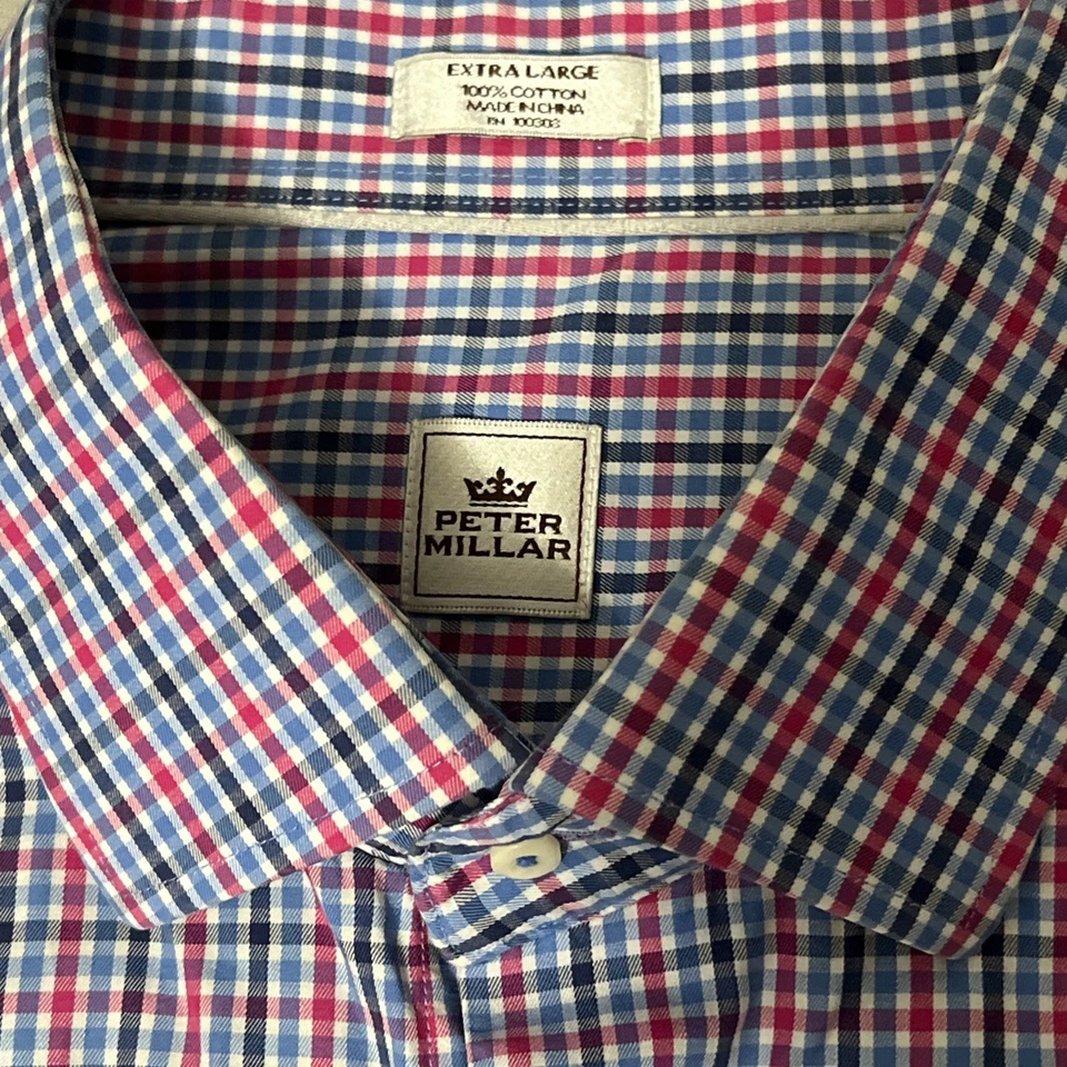 Peter Millar Men's Dress Shirt Size XL Oxford Navy Blue Pink Plaid Button Down - Image 2 of 2