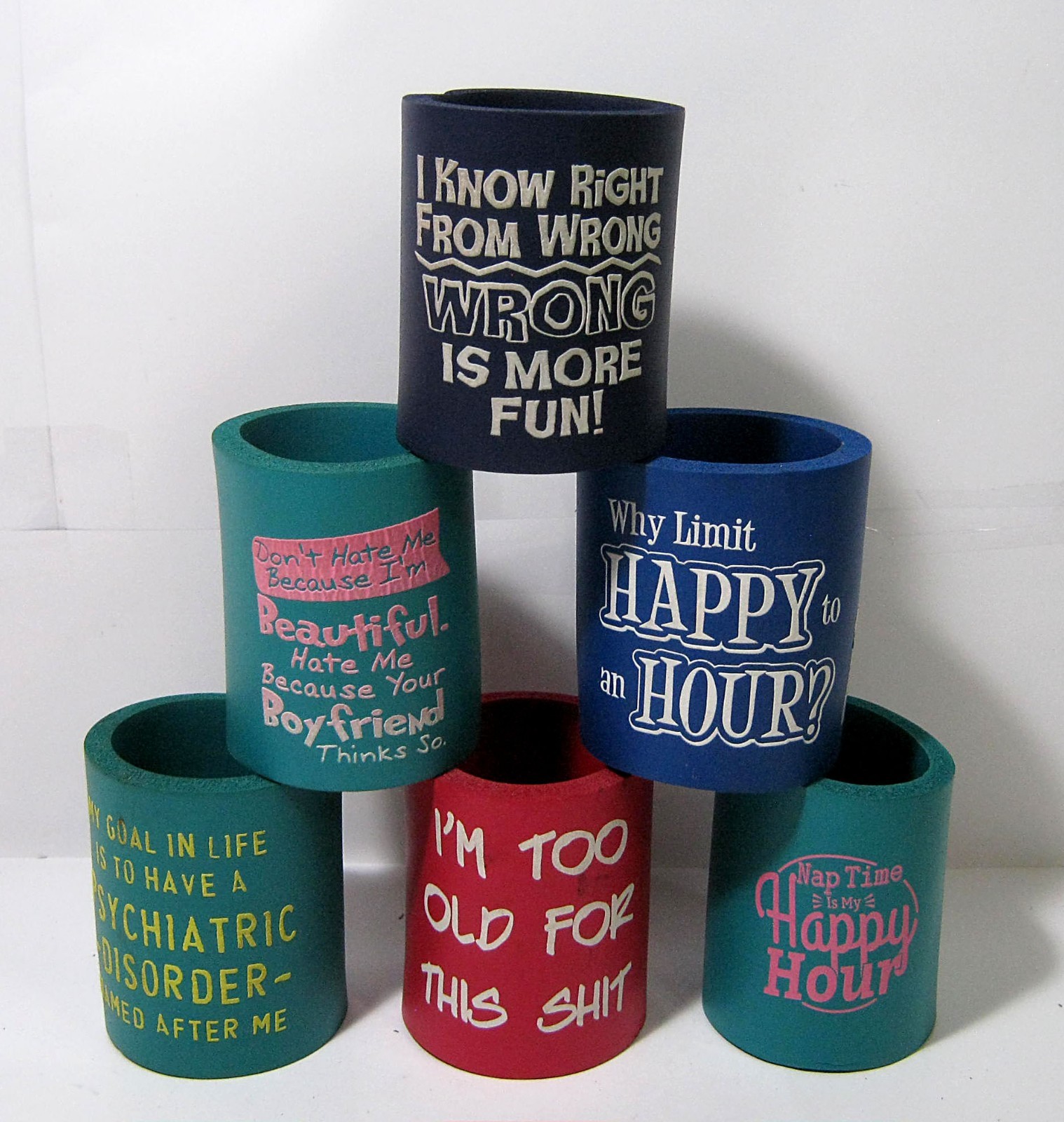 Vintage Lot of 6 Foam Can Coozies Novelty Sayings Holds 12 o