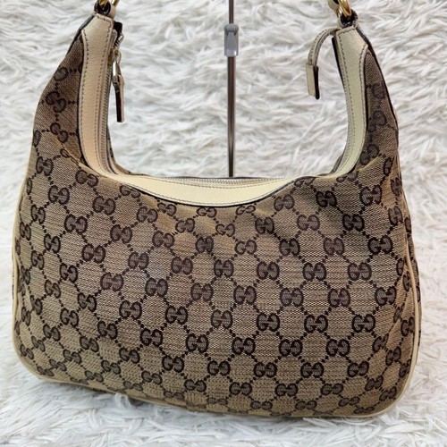 Gucci GG Canvas Handbag Beige Brown Leather Trim Gold Fittings Used