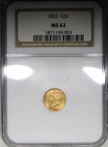 1853 Liberty Head Gold Dollar NGC MS62 Uncirculated Coin