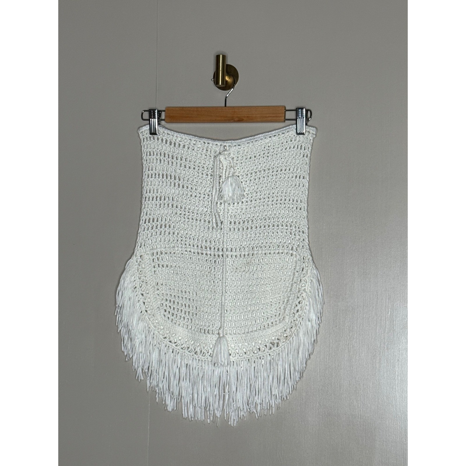 White Crochet Fringe Mini Skirt Boho Tassel Drawstring Beach Cover Up Skirt