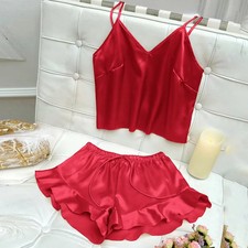 Solid Satin Pajama Set V Neck Cami Top Ruffle Shorts Women's Sleepwear Loungewea