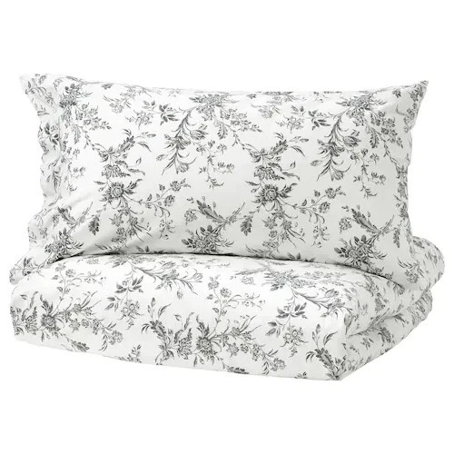 NUEVO CON ETIQUETAS IKEA Alvine Kvist Gris Blanco Floral Funda Nórdica Juego de Funda de Almohada Algodón - DOBLE