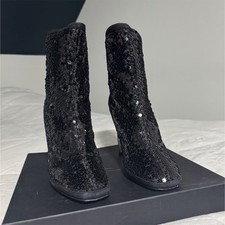 Black Sequin Ankle Bootie Zip Closure Metallic Block Heel Pointed Toe Synthetic