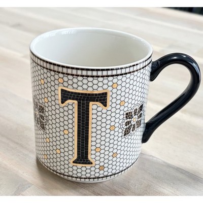 Anthropologie Margot Mosaic Honeycomb Monogram Mug Cup Letter T  Stoneware