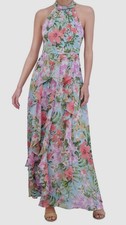 Eliza J Women Blue Floral-Print Lined Ruffled Halter Maxi Dress Size 14