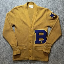 Vtg Bristol Cardigan Brown 70s Letterman Patch Varsity Sweater Cardigan Sz 36
