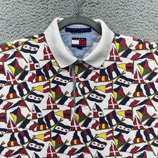 Tommy Hilfiger Polo Shirt Mens Medium Nautical Flag All Over Print Sailing VTG