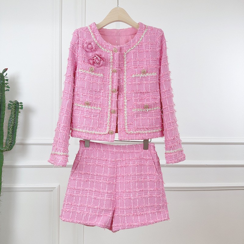 Tweed Round Neck Long Sleeve Short Jacket Shorts Two-piece Suit Women Party Coat