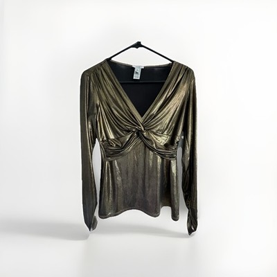 Cache Top Women's Gold Metallic Long Sleeve Twist Front Blouse Super Stretch M