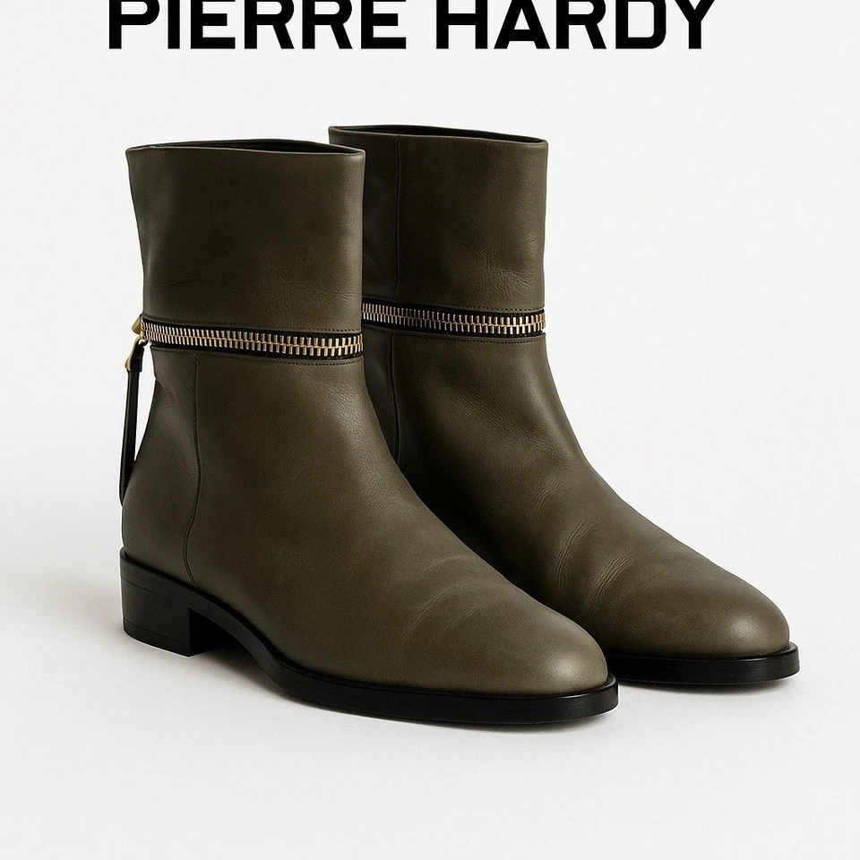 Pierre Hardy Women’s Ankle Boots 37.5 Green Leather Gold Zip Designer Made Italy - Image 2 of 4