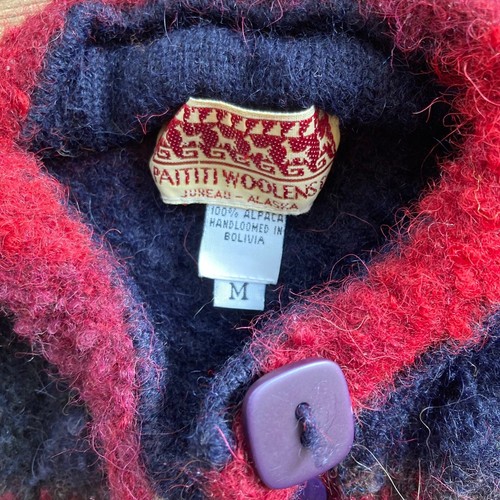 Paititi Woolen Alpaca Wool Cardigan Kids M Red Blue Alaska Handmade Bolivia FLAW - Picture 3 of 11