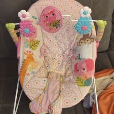 Bright Starts Baby Bouncer Pink Multicolor Animal Print Toy Bar Portable Infant