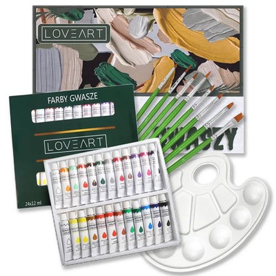 Gouache Malset - 24 Farben, Pinsel, A4 Block & Mischpalette - Loveart Set f