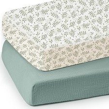 2 PCS Baby Muslin Fitted Crib Sheet Green Leaf Soft Breathable Standard
