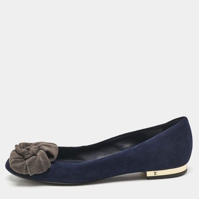 Louis Vuitton Navy Blue Suede Flower Embellished Ballet Flats Size 36.5